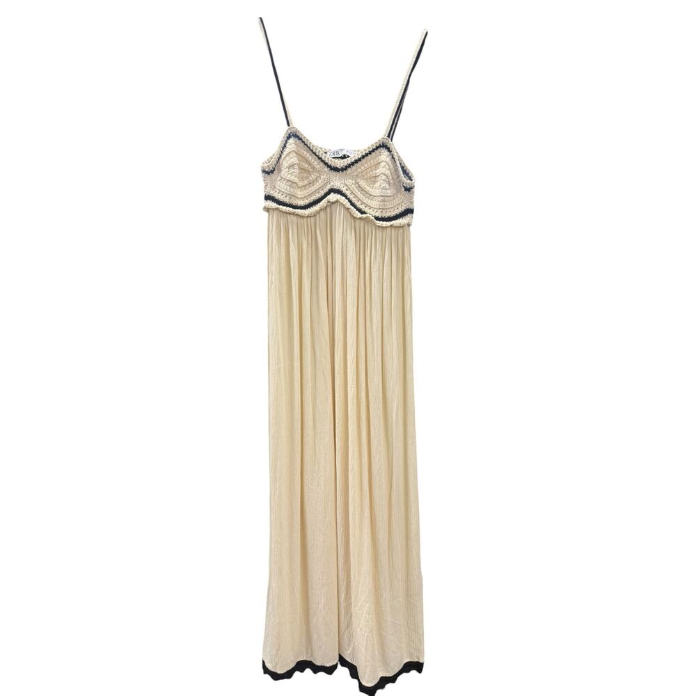 Zara Crochet Bodice Boho Maxi Dress Cream Black Strappy S - Picture 3 of 8